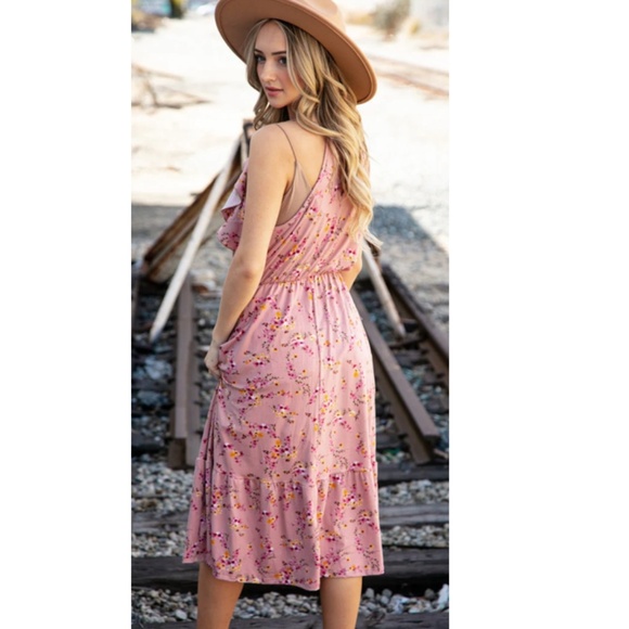 The Primrose Rose Floral Ruffle Halter Midi Dress with Pockets size large - Picture 2 of 3